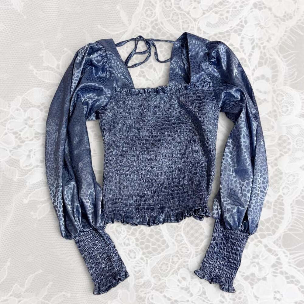 E+SKY Slate Blue Jacquard Animal Print Smocked Top